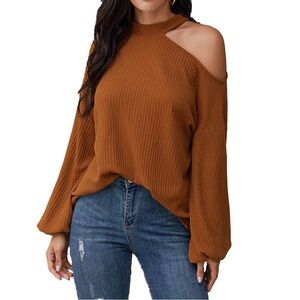 Cold-Shoulder Waffle Knit Sweater - Brown
